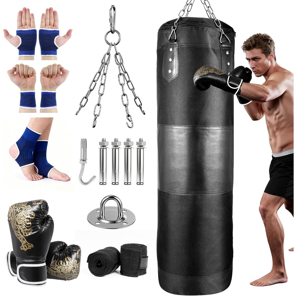 Boxing Glove Set - 大人用パンチングバッグ レザー製ヘビーボクシングバッグセット グローブとハンドラップ付き 吊り下げ式バッグ MMA、空手、キックボクシング、ムエタイ用